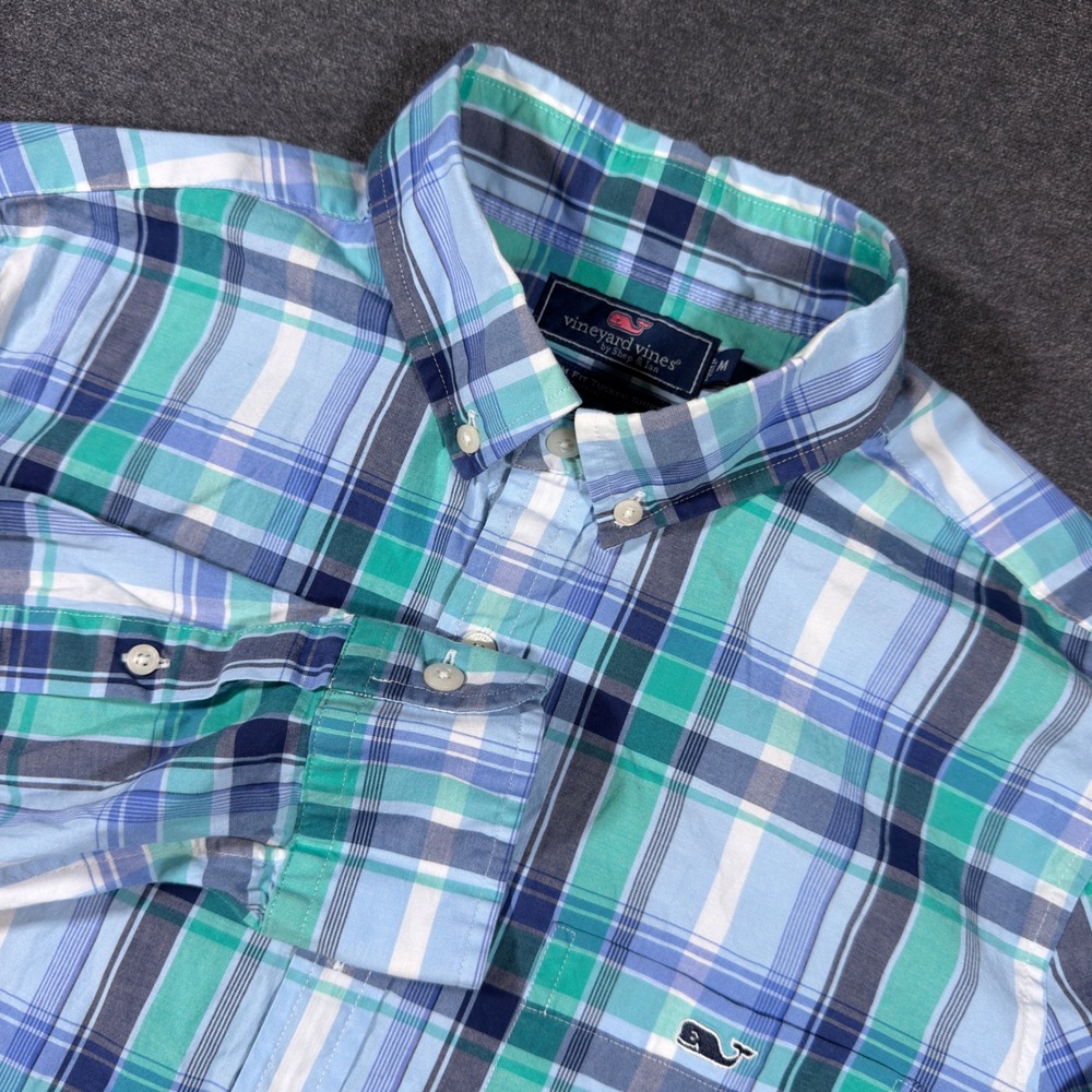 Vineyard Vines Button Down Shirt Mens Medium Blue Plaid Slim Fit Tucker Cotton